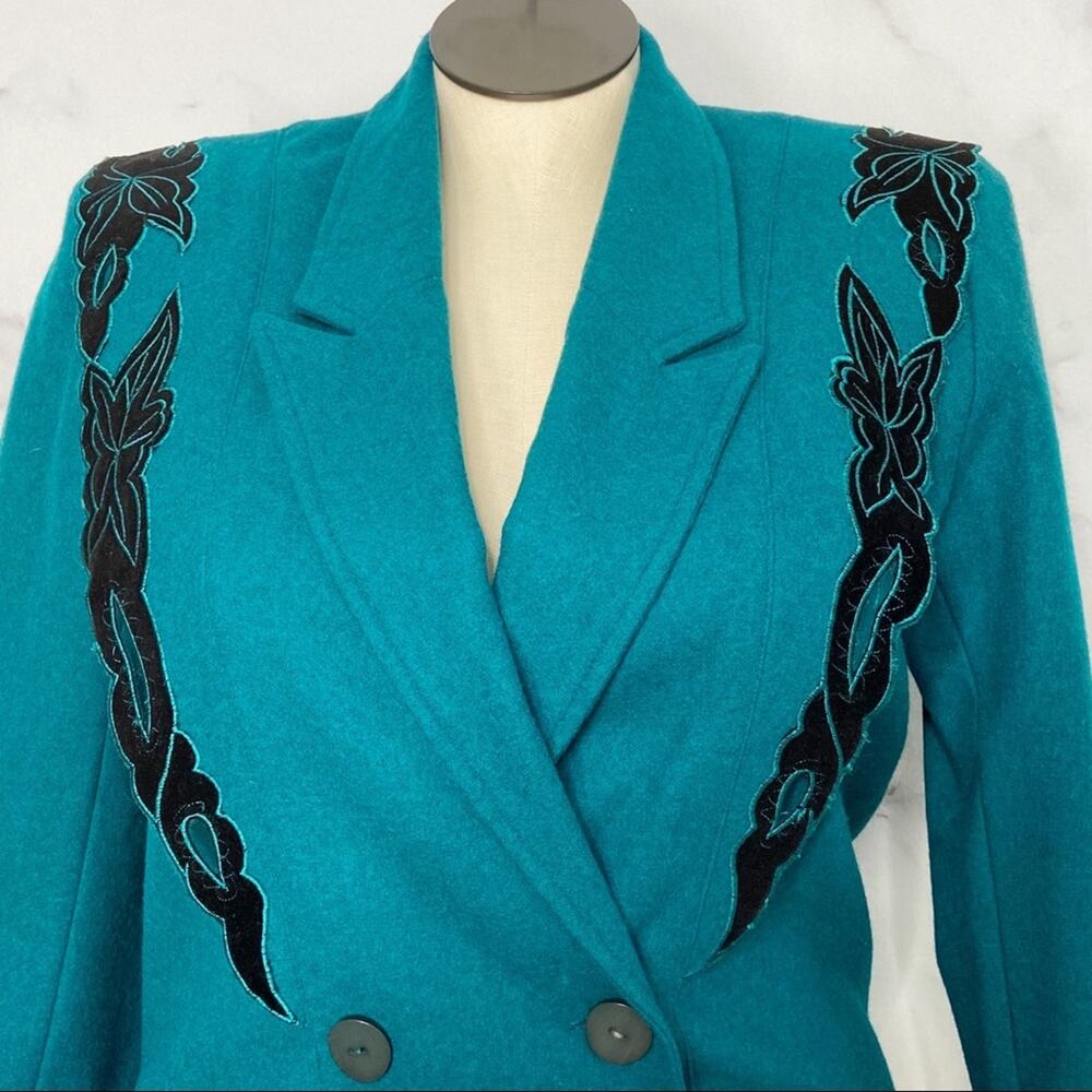 Vintage Double Breasted Blazer Teal Floral Appliqué 90s Prairie Western Size L - Picture 3 of 13